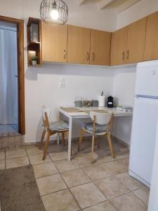 eine Küche mit einem Tisch und Stühlen sowie einem Kühlschrank in der Unterkunft Old Town Maisonette in Rhodos (Stadt)