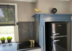 - une cuisine avec un réfrigérateur noir à côté d'une fenêtre dans l'établissement Appartement Zonderland, à Wapenveld