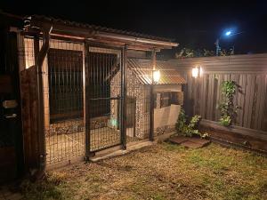 una cerca en un patio trasero por la noche con luces en IGI HOUSE with pool 12 km from Cluj-Napoca, en Gilău