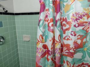 a shower curtain in a bathroom with a floral pattern at Davis Motel in North Lima +37 photos