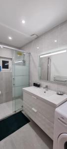 a bathroom with a sink and a shower and a mirror at La Lampaulaise sur le GR34 plage/calme/jardin in Lampaul-Plouarzel