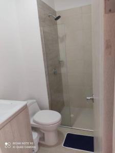 a bathroom with a shower and a toilet and a sink at Edificio Sierra Beach Resort Pozos Colorados vista y salida al mar in Santa Marta