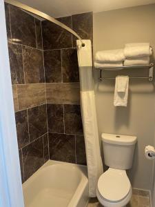 a bathroom with a toilet and a tub and a shower at Sunglow Motel in Bicknell