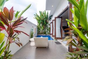 einen Innenhof mit Pflanzen, einem Stuhl und einem Pool in der Unterkunft Villa Alhena in Canggu