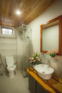 a bathroom with a sink and a toilet and a mirror at Phố Seoul Homestay And Spa in Hoi An