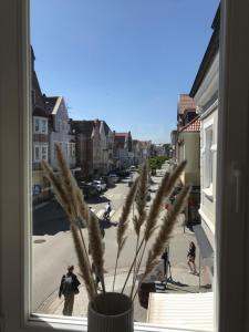 um vaso com uma planta numa janela com uma rua em Alte Glaserei Travemünde em Travemünde