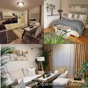 un collage de fotos de una sala de estar y un dormitorio en Apartment Andy, en Medvode
