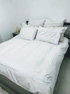 1 cama blanca grande con sábanas y almohadas blancas en Jaffa 17 - urban loft en Jerusalem
