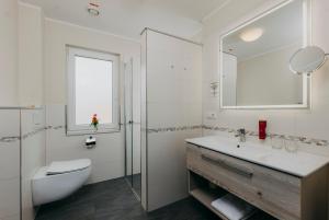 a bathroom with a sink and a toilet and a mirror at Hotel Alter Muschelsaal in Büsum