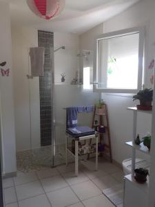 a bathroom with a shower and a chair and a window at La salamandre, Chambre d'hôtes in Étaules