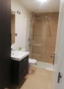 a bathroom with a sink and a shower and a toilet at Casa Baratura in Cangas del Narcea +22 photos