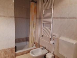 a bathroom with a toilet and a sink and a tub at APARTMA ANTON in Bled