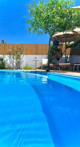 a large blue swimming pool with an umbrella at RODI BLUE appartments in Amoudara Herakliou