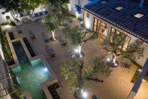 Elle offre une vue sur une cour avec une piscine et des arbres. dans l'établissement Eleven, Boutique luxury house & garden, à Boliqueime