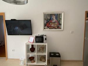 a living room with a tv and a white shelf at Apartment in Maslinica 70m from the sea in Maslinica