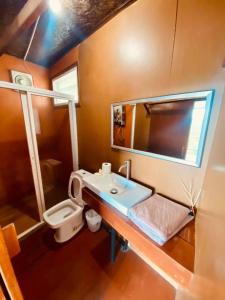 a bathroom with a sink and a toilet and a mirror at Vaya House in Chiang Mai