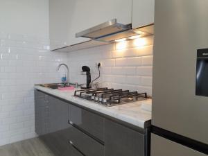 una cocina con estufa y encimera en Natalie appartement 41, en Tiflis
