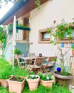 een patio met een tafel, stoelen en planten bij Ferienwohnung Diana in Sexau