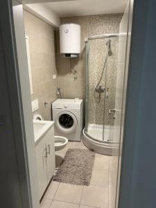 La salle de bains est pourvue d'une douche, de toilettes et d'un lave-linge. dans l'établissement Apartman Gavric 1, à Doboj