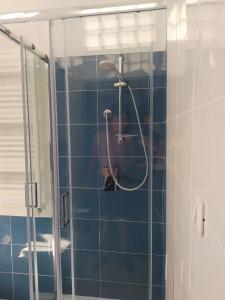 a shower in a bathroom with blue tiles at Casa Duilia: una villa tra mare e collina in San Vito Chietino