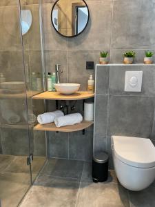 a bathroom with a sink and a toilet and a mirror at Studio 41 Bergen NH in Bergen +8 photos