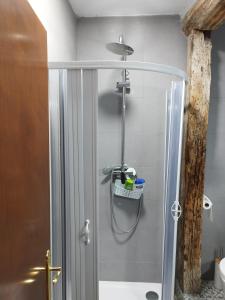 uma cabina de duche na casa de banho com um chuveiro em Berleo 1 Piso completo en pleno casco histórico. em Medina de Pomar