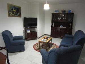 Una sala de estar con dos sillas azules y un televisor. en Casa Eira do Povo, en Vale de Colmeias
