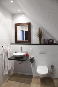 a bathroom with a sink and a toilet and a mirror at Loft-Style-Living Schütt - einfach anders in Monschau