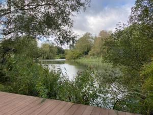 Blick auf einen Fluss von einer Holzterrasse in der Unterkunft The Dairyman Suite in Dorchester