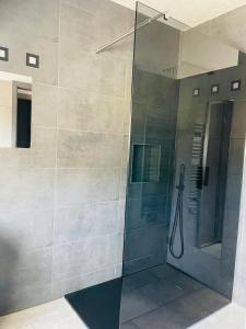 阿爾布施塔特的住宿－Zollernalb-Apartment PR，浴室里设有玻璃门淋浴