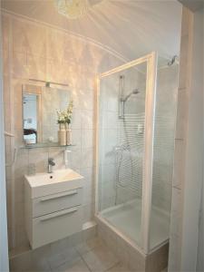 a bathroom with a shower and a sink and a shower at HOTEL bij de BAKKER in Burgh Haamstede