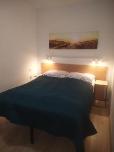 1 dormitorio con 1 cama y una pintura en la pared en Villa Park Maikuhle, en Kołobrzeg