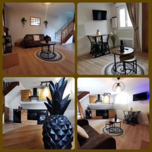 four pictures of a living room with a pineapple in the middle at NOUVEAU : Rustik'House - À 2 pas de la Gare RER C in Breuillet