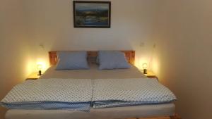 - une chambre avec un lit et deux lampes de chaque côté dans l'établissement Lipno - Hůrka, Marcela Appartements, à Horní Planá