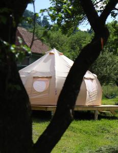 a tent sitting in the grass in a yard at Flore's Garden Glamping in Bran