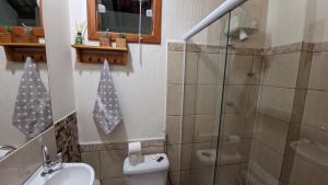 a bathroom with a shower and a toilet and a sink at Suite Flex ao lado da praca central in Domingos Martins +13 photos