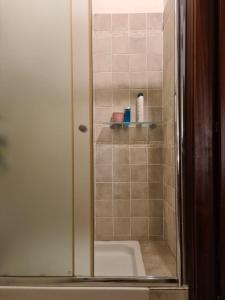 una ducha con una puerta de cristal junto a un lavabo en Villa Zara, en Siena