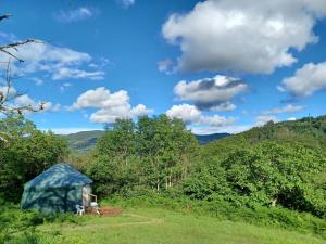 a blue tent in the middle of a field at Yourtissimo in Laprugne