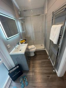 a small bathroom with a sink and a toilet at P75 - Studio Pod with Hot Tub in Bethesda