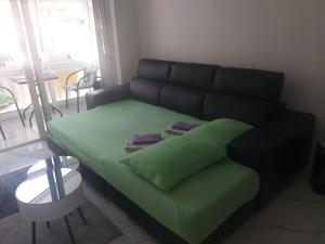 a couch with a green cushion in a living room at Studio 033 in Budva