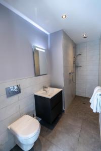 a bathroom with a toilet and a sink and a shower at Bugler Doyles Bar & Townhouse in Wexford
