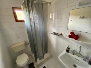 e bagno con servizi igienici, lavandino e doccia. di Montsenigos Garden Apartment a Gouviá