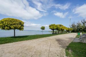 a dirt road next to the water with trees at Katica Apartment in Balatonszárszó