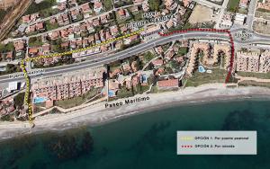 a map of a resort with a road and the ocean at Hotel Piedra Paloma in Estepona