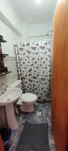 a bathroom with a toilet and a sink and a shower curtain at HOSPEDAJE DE NORTE A SUR in Tilcara +10 photos