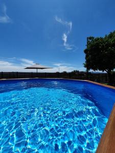 a large blue swimming pool with an umbrella at Rosinha Country House in Vale de Cambra