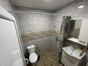 a bathroom with a toilet and a sink and a shower at Vila 5 in Prilep