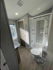 a bathroom with a toilet and a shower and a sink at C05 - The Ogwen Lodge with Hot Tub in Bethesda