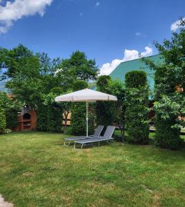 a pair of lounge chairs under an umbrella in a yard at Lodge Breza Lux in Kolašin