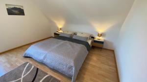 1 dormitorio con 1 cama y 2 lámparas en 2 mesas en Schöne Ferienwohnung mit viel Platz und Parkplatz, en Müllheim